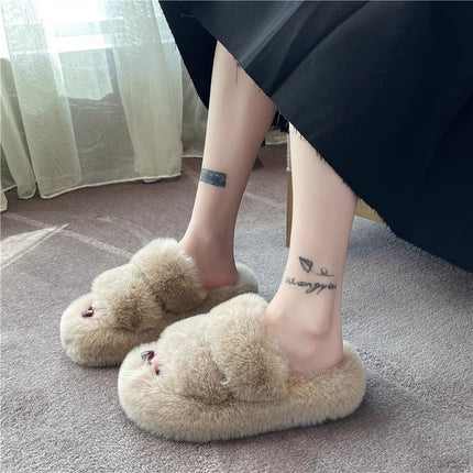 2025 Spring and Autumn New Style Small Platform Thick-Soled Height-Increasing Plush Fluffy Cotton Slippers for Women to Wear Outside and Home
