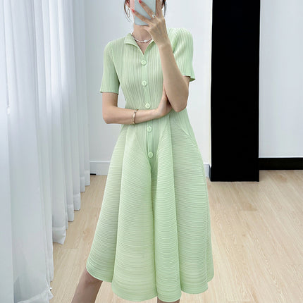 Foreign trade high-end Sanzhai casual elegant gentle simple solid color pleated flower buds dress women's summer New