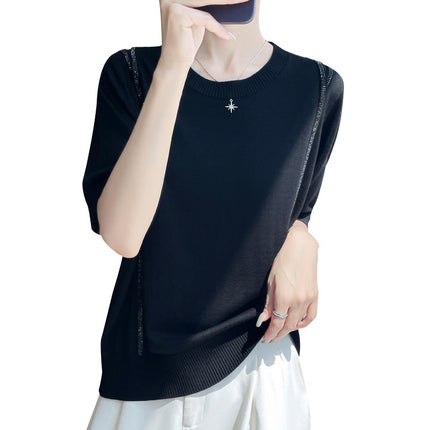 Breathable Tencel 26 New Summer Women's Round Neck Short Fashion T-Shirt Thin Base Shirt with Rhinestones Short Sleeve Top