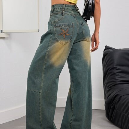 Cross-border Foreign Trade Amazon Europe and America Jeans Female Street Spice Girl Embroidered Washed Nostalgic Loose Mop Pants Trousers