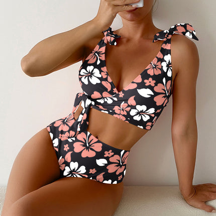 2025 New European and American Style Aliexpress Bikini Tie-Up Printed Backless High-Waisted Sexy Bikini Swimsuit for Women