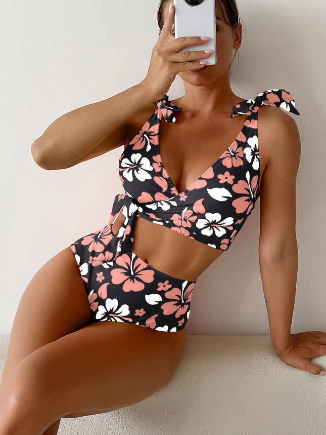 2025 New European and American Style Aliexpress Bikini Tie-Up Printed Backless High-Waisted Sexy Bikini Swimsuit for Women