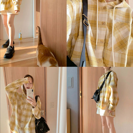Light Turmeric/Black and White Gray Handsome Plaid Oversize Woolen Hooded Shirt Top for Women Autumn