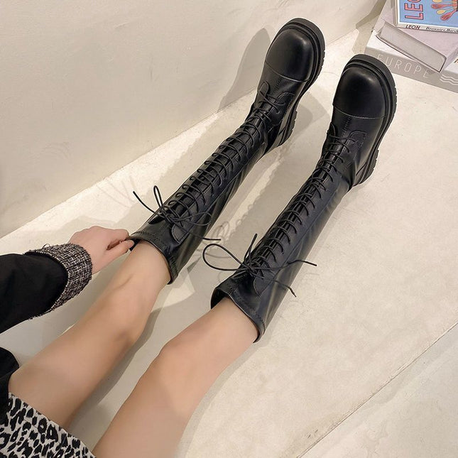 Knight Boots Women's 25 Autumn and Winter New Versatile Elastic Slim Boots Lace-Up High Boots Flats Bottom No-Knee Boots