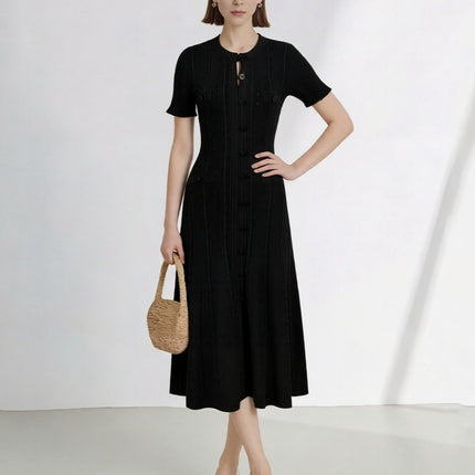 2026 New French-Style Elegant Socialite Short-Sleeve Knit Dress with Hollow-Out Ribbed Design and Single-Breasted Slim-Fit Long Dress