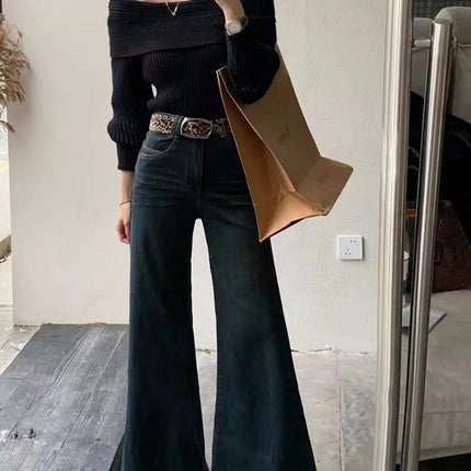 Fleece-Lined, Thickened, Warm, High-Waisted, Slightly Flared Jeans for Women, 2025 Winter, Vintage, Slimming, Drapey, Flared Floor-Length Pants