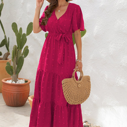 Cross-Border V-Neck High-Waist Strappy Dress Fur Ball Long Short-Sleeved Dress Vacation Travel Dress