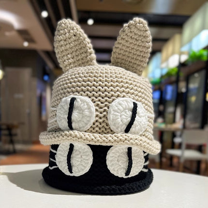 Hand-woven demon big-eyed cat funny wool hat children's green cartoon knitted head cap for men