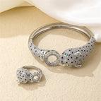 Full diamond leopard head bracelet ring set-silver