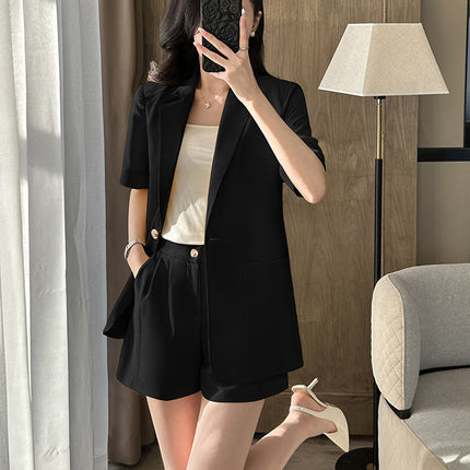 Black Short-Sleeved Suit Jacket for Women Thin Summer 2025 New Casual Petite Suit Shorts Professional Suit