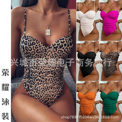 New 2024 Foreign Trade Cross-border Women's One-piece Swimsuit European and American Leopard Print One-piece Swimsuit Bikini Bikini