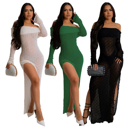 K10782 Amazon AliExpress cross-border women's clothing wholesale one-word collar long sleeve perspective split European and American dress new