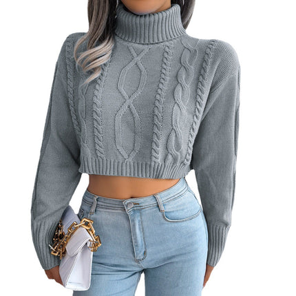 Clearance 2023 Autumn/Winter European and American Fashion Cable Knit Long-Sleeve Turtleneck Short Pullover Sweater Independent Cross-Border Women's Clothing