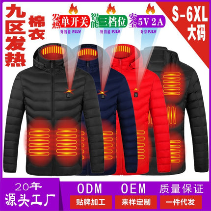 Nine-Zone Smart Heating Cotton Jacket with Constant Temperature, Suitable for Both Men and Women, USB Heated Cotton Clothing, Solid Color Hooded Heated Thermal Cotton Jacket