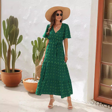 Cross-Border V-Neck High-Waist Strappy Dress Fur Ball Long Short-Sleeved Dress Vacation Travel Dress