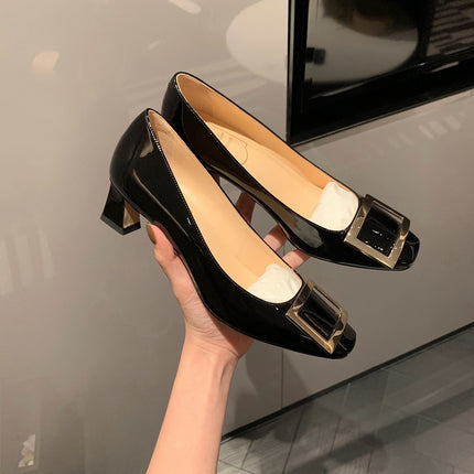 In-Stock Sheepskin Version ~ Grape Mom's Same Style Square Buckle Square Toe Shallow High Heels Women's Spring Chunky Heel Flat Commuting Shoes