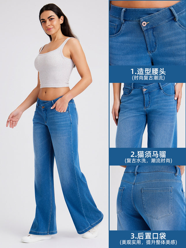 Cross-Border New Plus-Size Cross-Waist Jeans for Women, High-Elastic Slimming Whisker Pocket Loose Casual Pants