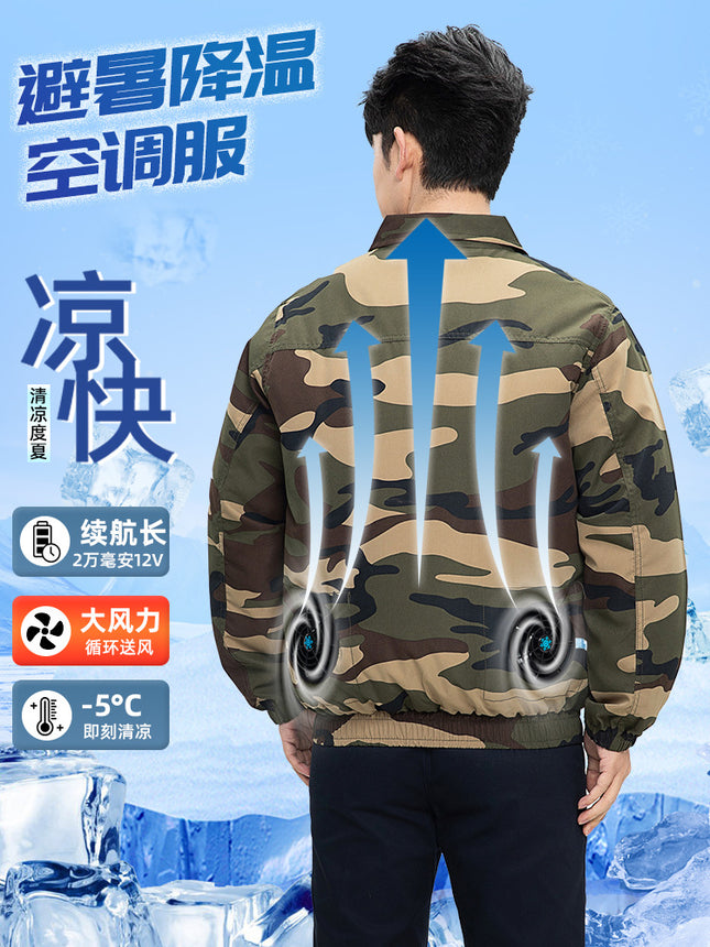 Summer Cooling Camouflage Military Green Air-Conditioned Clothing Long-Sleeved Men's Clothing with Fan Work Clothes Men's Summer Short Cooling Construction Site