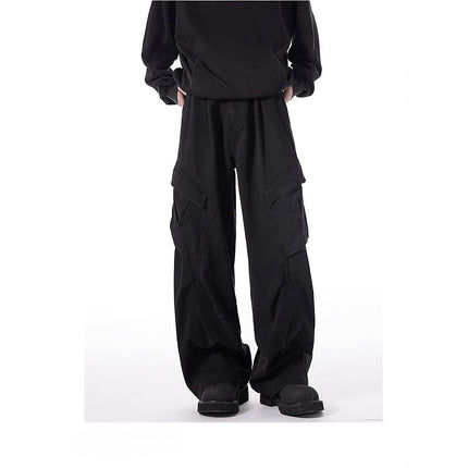 [Washed cotton button row door wrapping] American retro brown wide leg overalls design loose casual straight