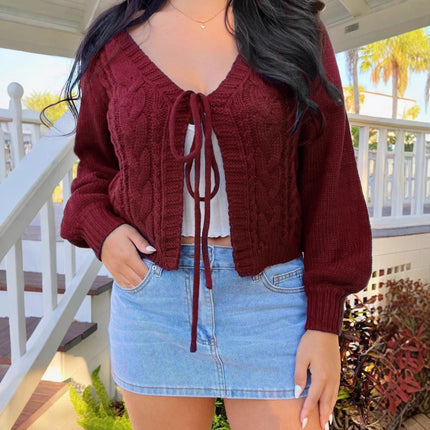 European and American Style Pure Color V Neck Twist Knitted Cardigan Short Lace-Up Lantern Sleeve Sweet and Cool Retro Cross-Border Women's Sweater