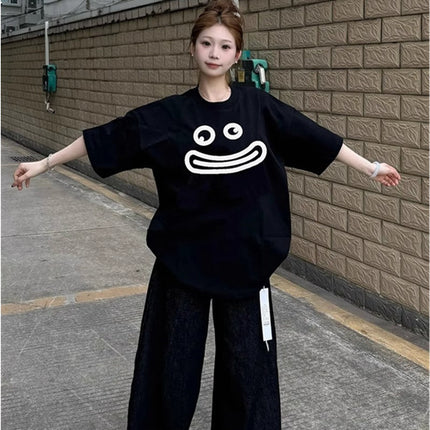 American High Street Style Black Short-Sleeve T-Shirt for Women, Summer 2026 New Design, Loose and Casual Style Half-Sleeve Top for Students