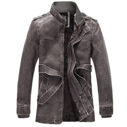 European and American style retro winter men's leather jacket velvet padded PU leather jacket medium and long plus size coat 6XL
