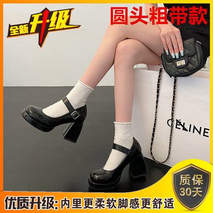 Mary Jane Women's Shoes with Chunky Heels, Waterproof Platform, Thick Sole, Height-Increasing, Japanese Style, Spicy Girl Temperament, French-Style Single Shoes, Women's Small Leather Shoes, Women's Shoes