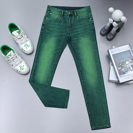 European Station High-end Light Luxury Trendy Brand European Fashion Emerald Green Jeans Men's Slim-fit Mid-waist Small Straight Long Pants
