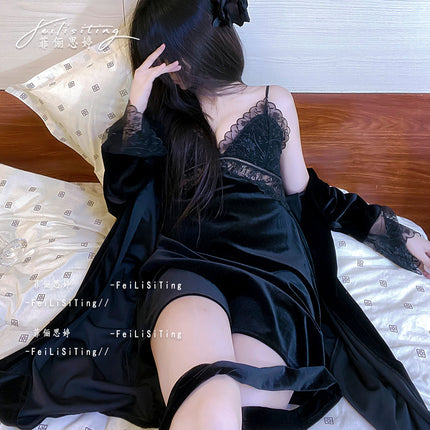 Sexy Pajamas Women's Golden Velvet Autumn and Winter Lace Belt Chest Pad Sling Nightgown Hot Pure Emotional Autumn