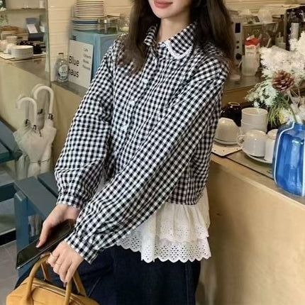 95% Upper Cotton # Spring and Autumn Sweet Style Lace Spliced Doll Collar Stacked Brushed Plaid Shirt Women's Top