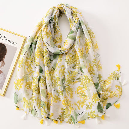 Small fresh sweet bright yellow leaf beach towel long tassel decorative travel sunscreen shawl cotton and linen hand scarf