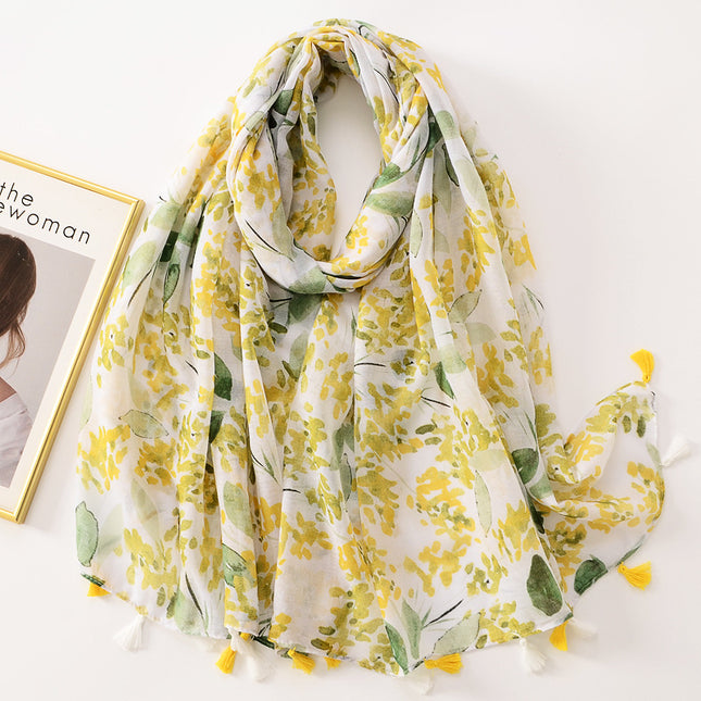Small fresh sweet bright yellow leaf beach towel long tassel decorative travel sunscreen shawl cotton and linen hand scarf