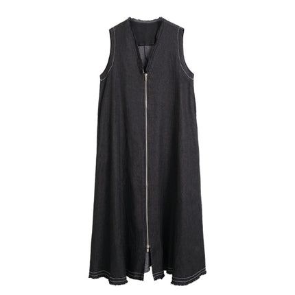 Summer Japanese Style Retro Design Sense Casual V-neck Zipper Edge Hem Collar Sleeveless Vest Denim dress