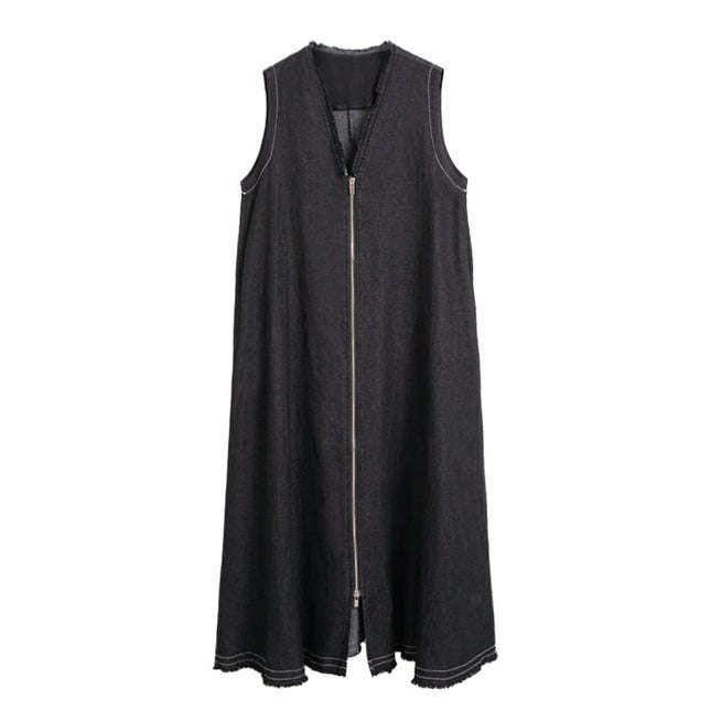 Summer Japanese Style Retro Design Sense Casual V-neck Zipper Edge Hem Collar Sleeveless Vest Denim dress