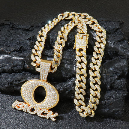 European and American Personality Hip Hop Cross-border Men's Jewelry Fashion Brand OBLOCK English Letter Pendant Full Diamond Cuban Chain Necklace