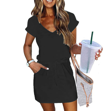 Women's Colorful Striped Printed V Neck Short Sleeve Drawstring Elastic Waist Pocket Pullover Dress