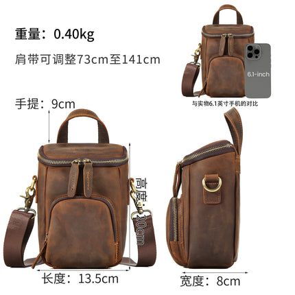 New Style Crazy Horse Leather Crossbody Bag, Retro Men's Shoulder Bucket Bag, Casual Commuting Mobile Phone Bag, Leather Bag, Cross-Border Foreign Trade