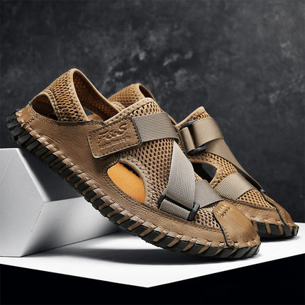Cross-Border Hot-Selling Summer New Products Large Size Hand-Stitched Casual Breathable Mesh Genuine Leather Toe-Cap Sandals and River Shoes
