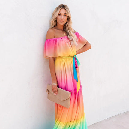 2025 Export New Wish New Printed Long Skirt Dress Amazon Ebay One-Line Collar Cross-Border European and American Dress