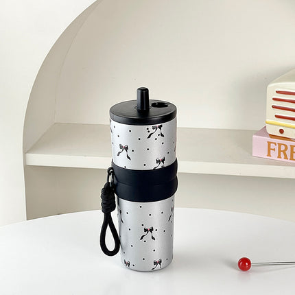 High-Looking Stainless Steel Thermos Cup, Large-Capacity Car-Mounted Cute Printed Coffee Cup, Accompanying Cold-Keeping Double-Drink Ice Cup