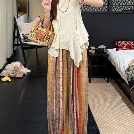25 Summer "Rainbow Kingdom" Lazy Colorful Striped Thin Summer Wide-Leg Straight Pumpkin Women's Pants