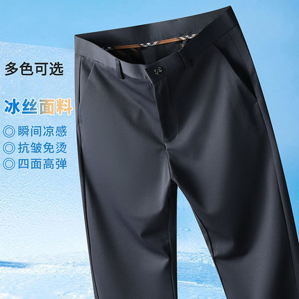 Ice Silk Light Luxury Suit Pants Men's Autum Thin 2024 New Loose Straight Business Elastic Men's Casual Pants