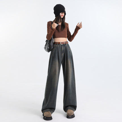 Korean Style Pleated Loose Wide Leg Jeans Women's 2024 Autumn New High Waist Drape Slimming All-match Straight Pants