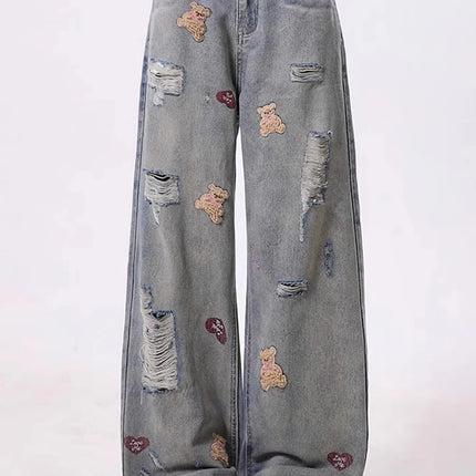 Fun Cartoon Bear Embroidered Ripped Jeans for Women Retro Washed High Waist Slim Loose Floor-Length Wide Leg Pants