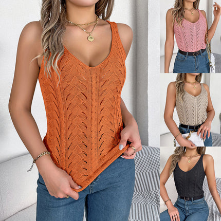 Real Shot of 2026 Spring/Summer European and American Style Solid Color V-Neck Hollow-Out Sleeveless Knit Vacation Tank Top Amazon Cross-Border Women's Clothing