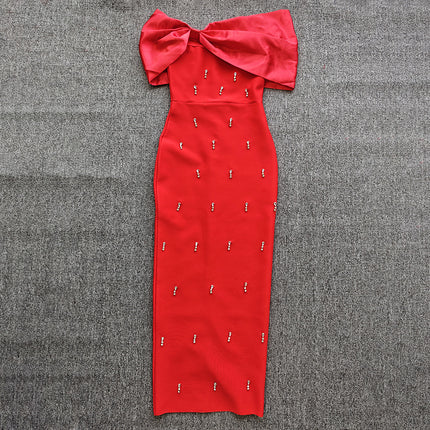 European and American Cross-border New Fashion Elegant Open-shoulder Light Luxury Nail Drill Elegant Elegant Bandage dress Evening Dress