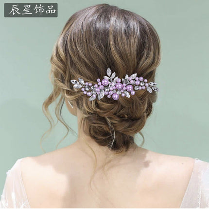 Chenxing French Romantic Bridal Hair Accessory Exquisite Hair Comb with Sparkling Diamonds and Pearls Purple Hair Ornament Fairy-Like Wedding Accessory Cx596