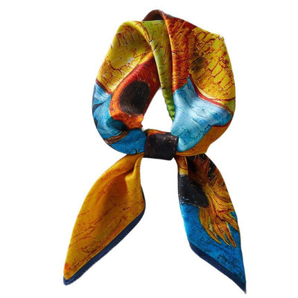 70 Square Silk Scarf for Women, Versatile for Spring and Autumn, with Oil Painting Sunflower Potted Plant Design, Paired with a Shirt, Neck Protection, Mulberry Silk Scarf