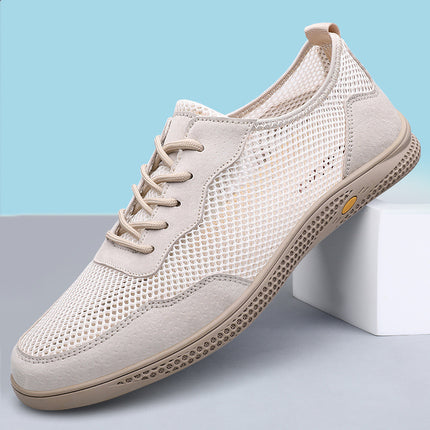 Men's Shoes 2025 Summer New Men's Fly-Woven Mesh Breathable Hollow Leather Shoes Deodorant Feet Flats Wear-Resistant Casual Shoes