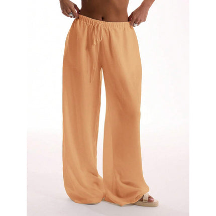 Cross-Border Bottoms Linen Texture Lace-Up Waist Pants Vacation Style Summer Bohemian Style Elegant